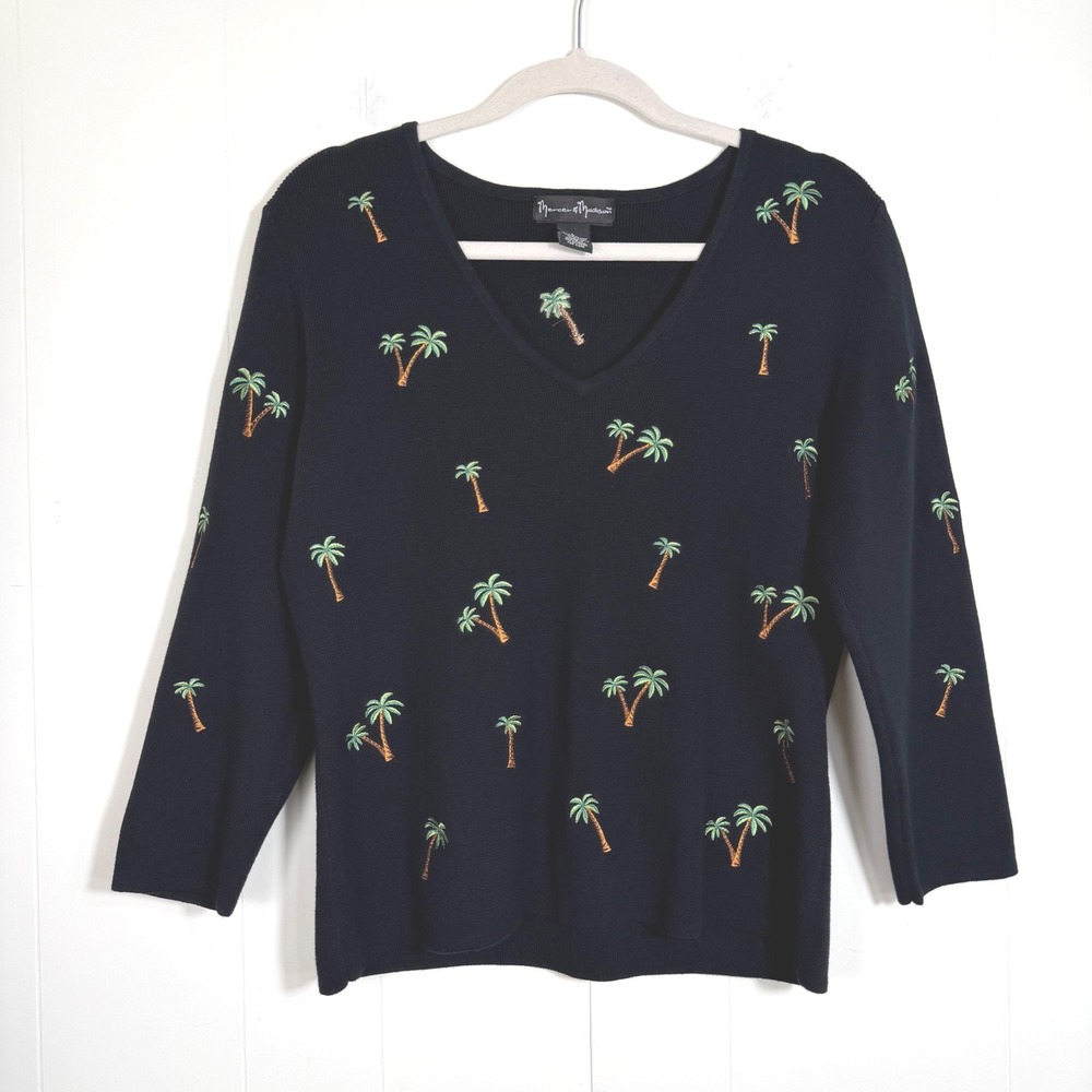 Mercer & Madison Novelty Palm Tree Embroidered Sweater V-Neck Cotton Black Large
